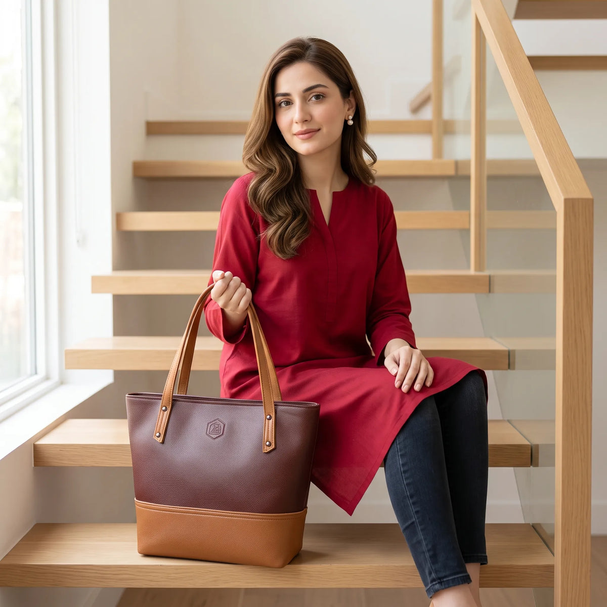 Two-Tone Brown and Tan Tote Bag with Exterior Zipper Pocket – Women’s Handbag