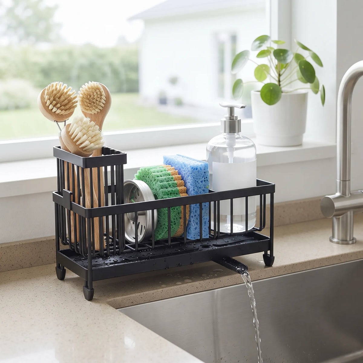 Sink Organizer Rack with Drain Tray – Kitchen Sponge & Brush Holder