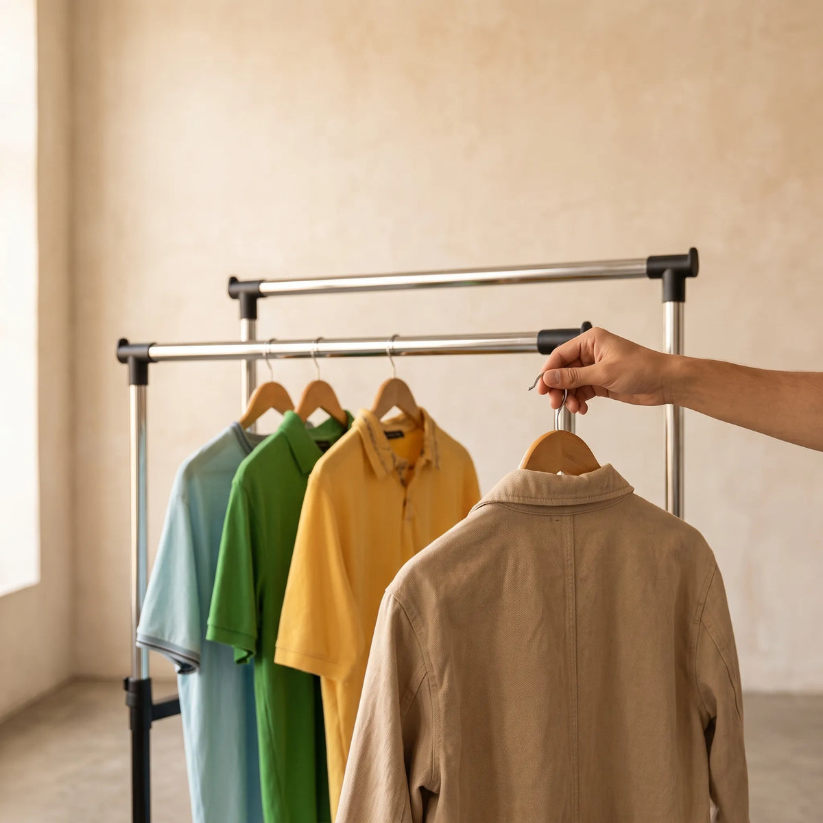 Adjustable Double-Pole Clothes Rack with Wheels & Lower Shelf