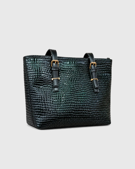 Croc-Textured Tote Bag with Buckled Strap – Women’s Everyday Handbag