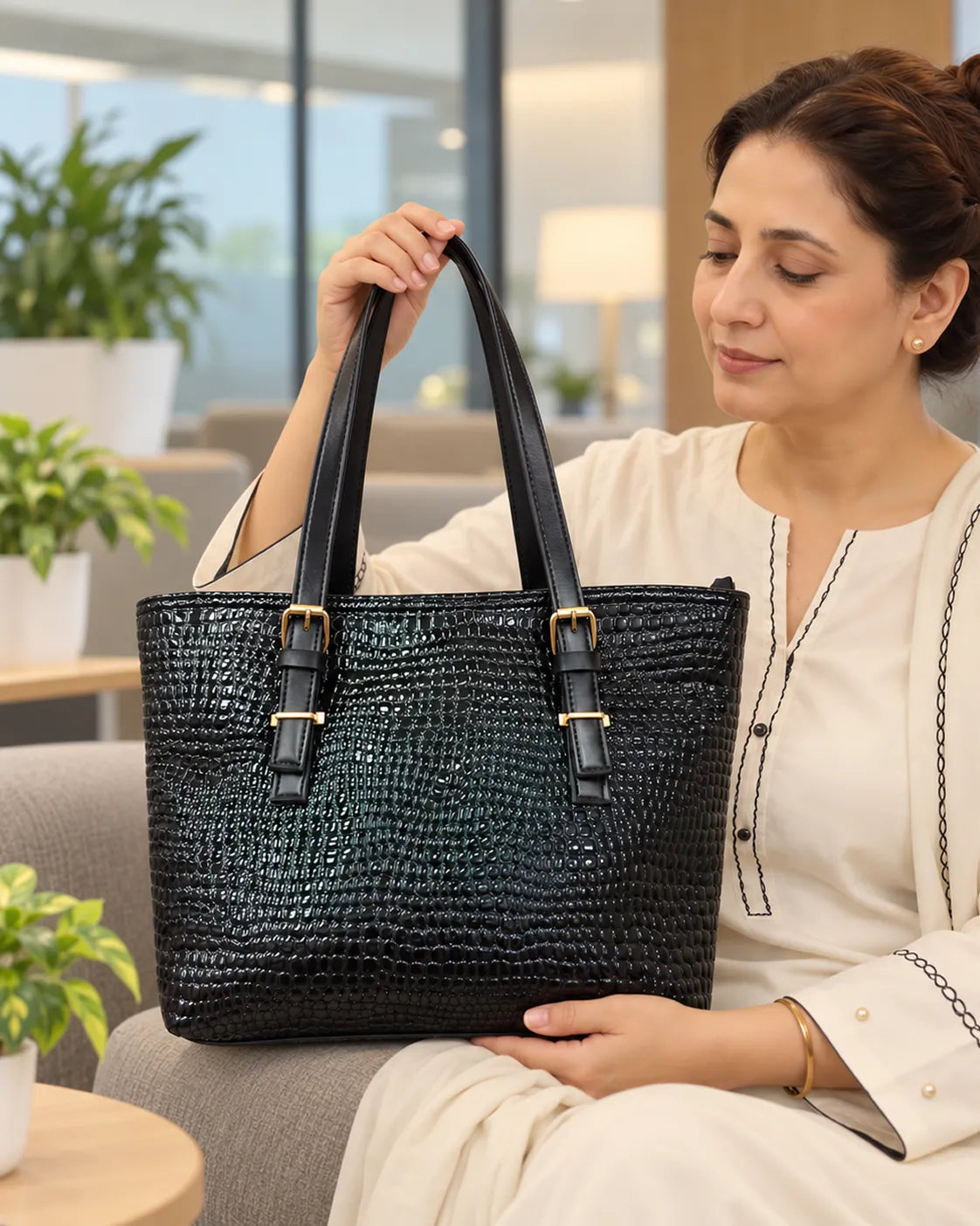 Croc-Textured Tote Bag with Buckled Strap – Women’s Everyday Handbag