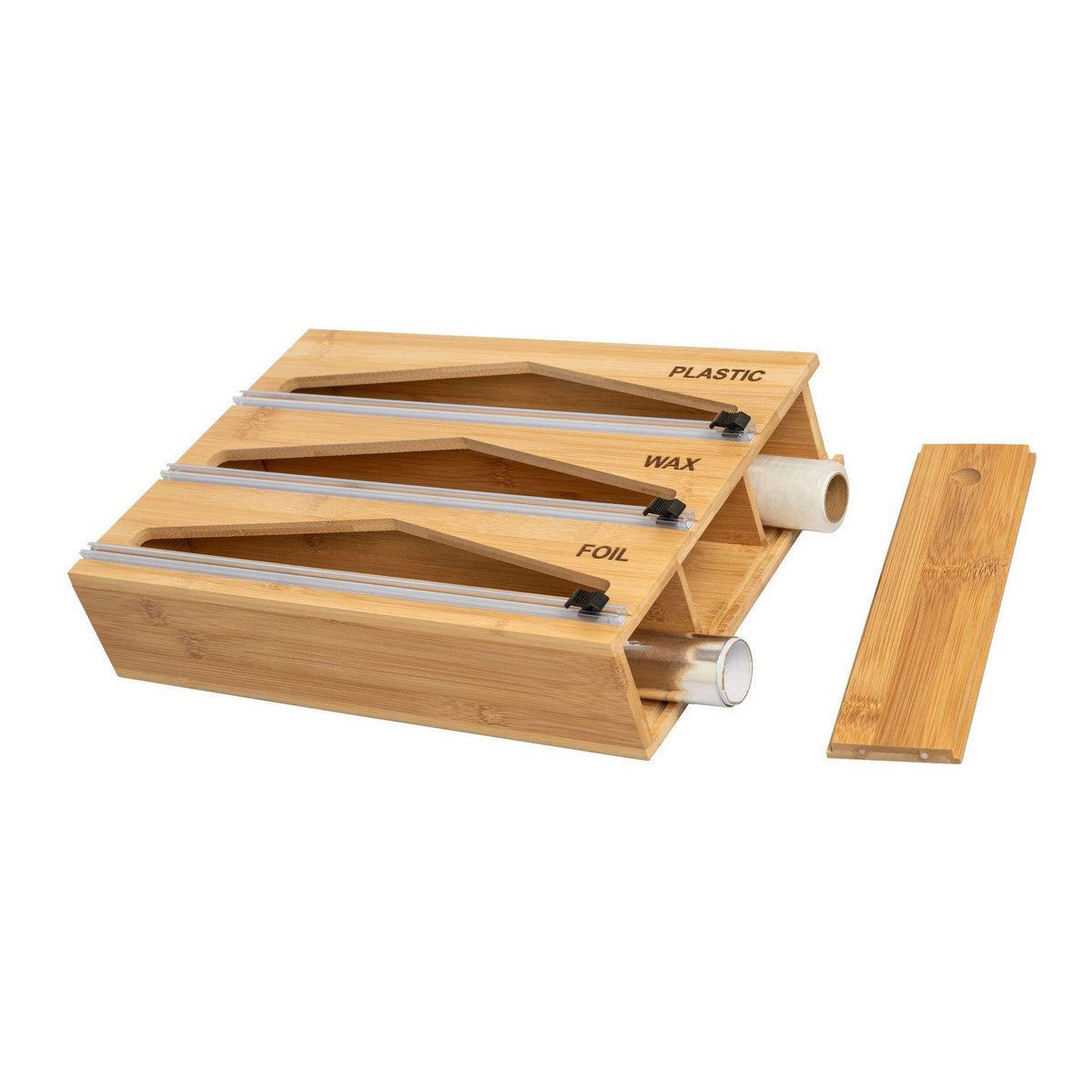 Bamboo Cling Wrap Holder with Cutter | Kitchen Roll Wrap Dispenser & Organiser