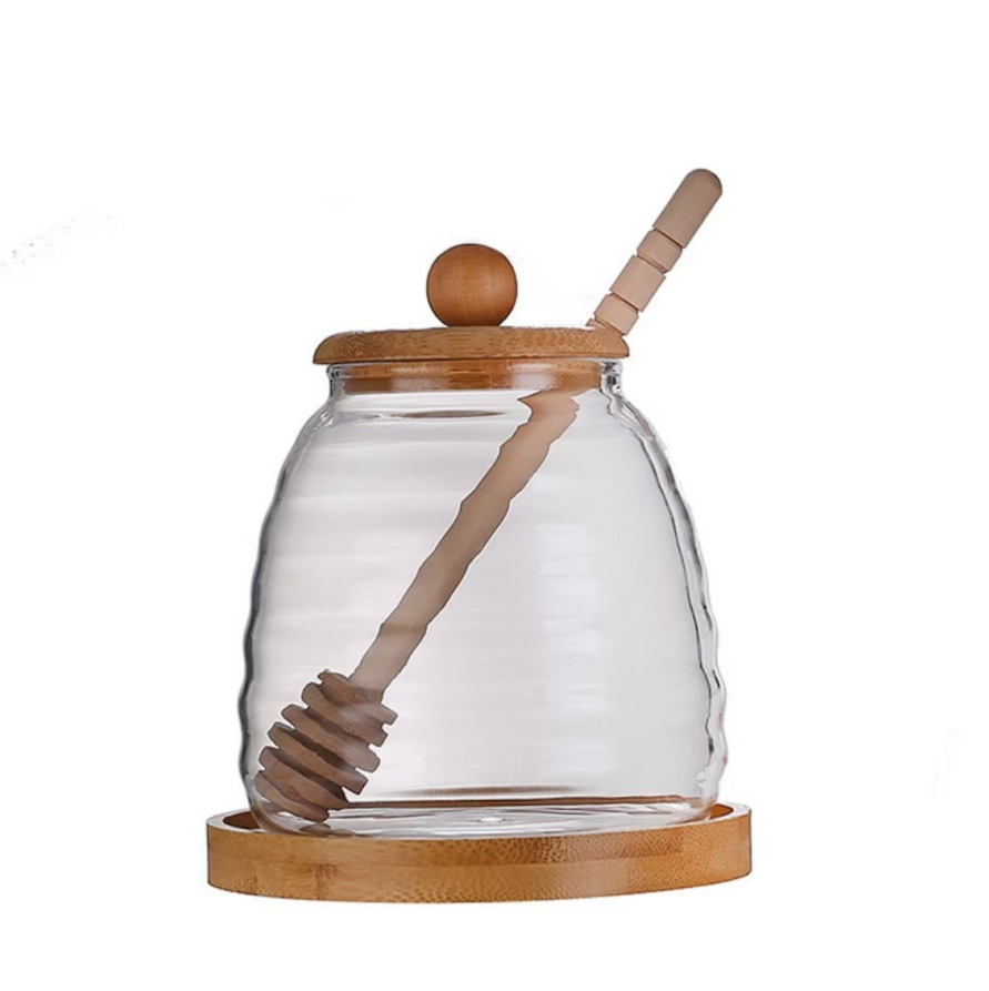 Honeycomb Glass Honey Jar with Spoon | Transparent Honey Storage Container