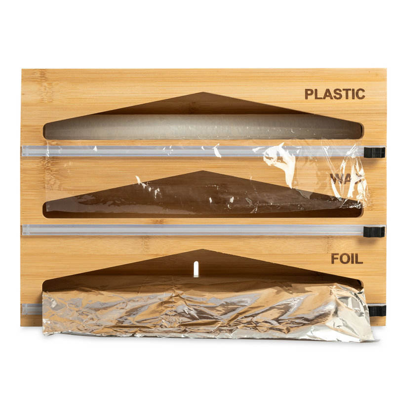 Bamboo Cling Wrap Holder with Cutter | Kitchen Roll Wrap Dispenser & Organiser