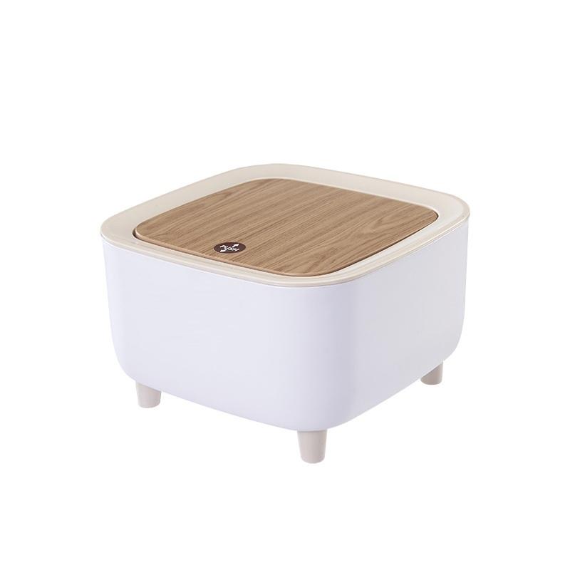 Square Plastic Desktop Trash Bin with Wooden Lid – Bedroom & Office Waste Bin