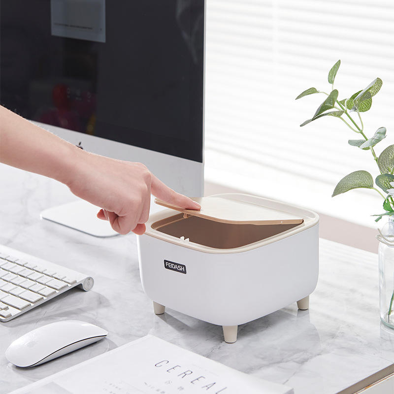 Square Plastic Desktop Trash Bin with Wooden Lid – Bedroom & Office Waste Bin