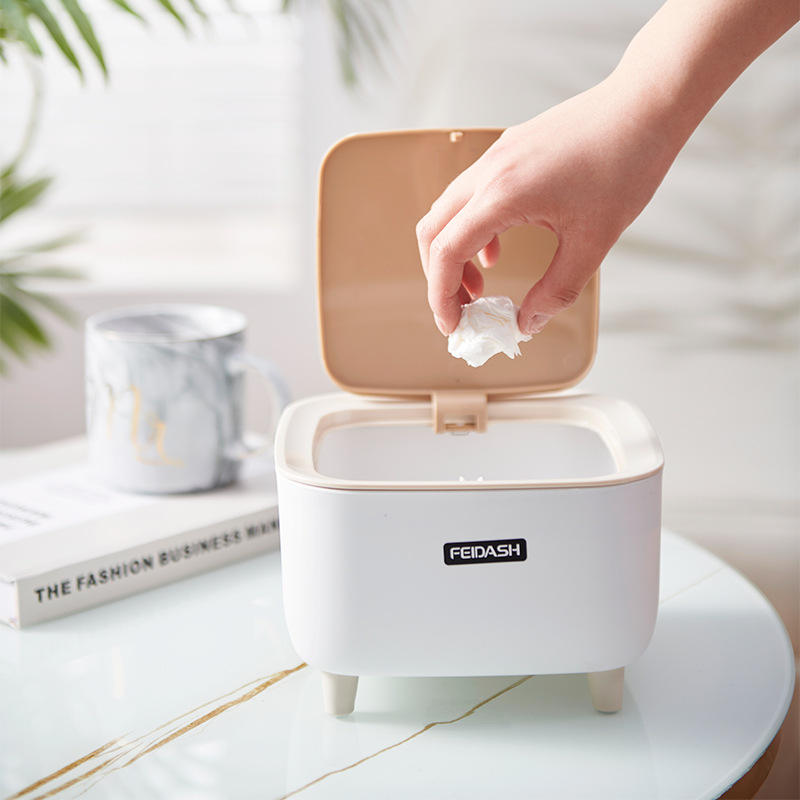Square Plastic Desktop Trash Bin with Wooden Lid – Bedroom & Office Waste Bin