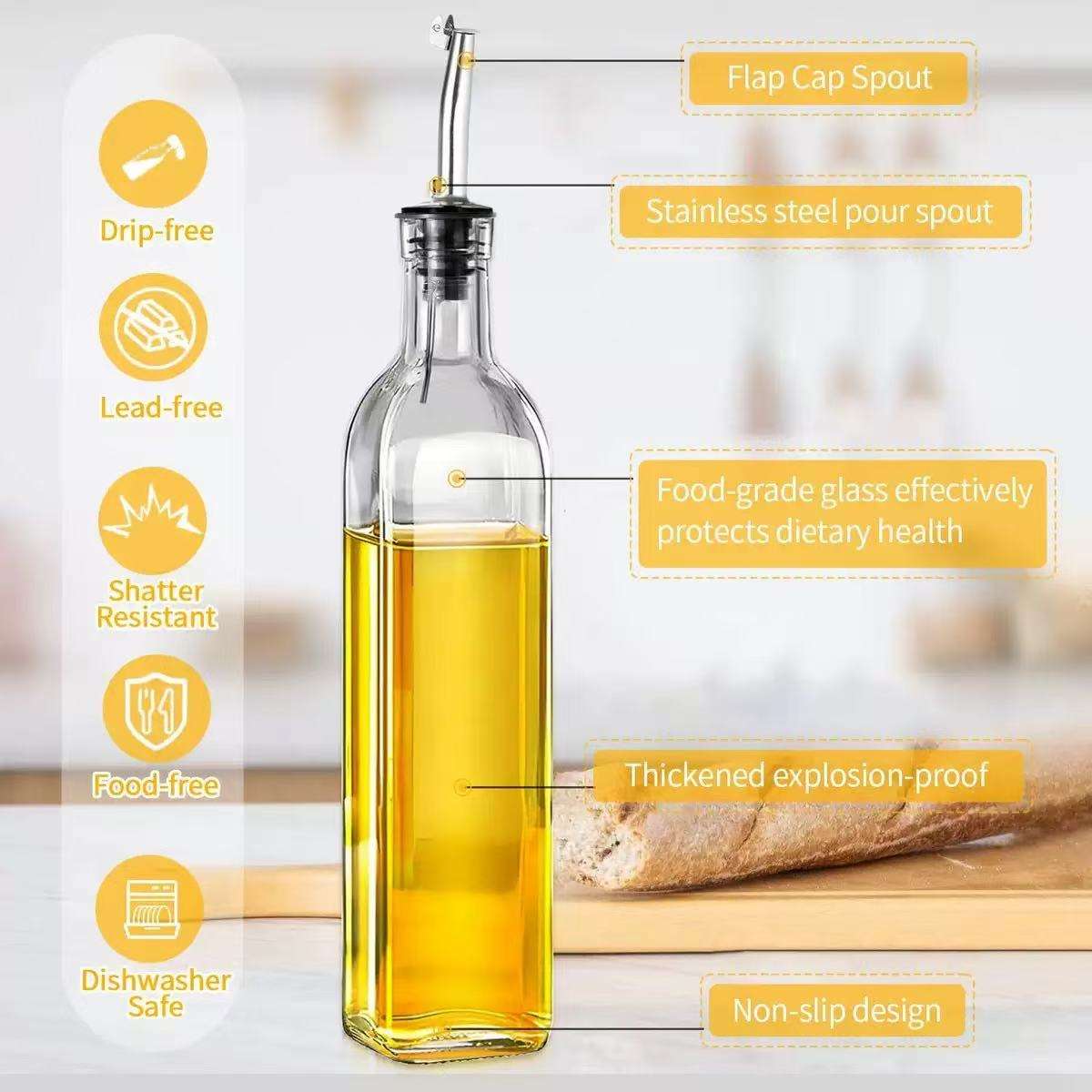 Glass Oil Bottle with Pourer | Transparent Kitchen Oil & Sauce Dispenser
