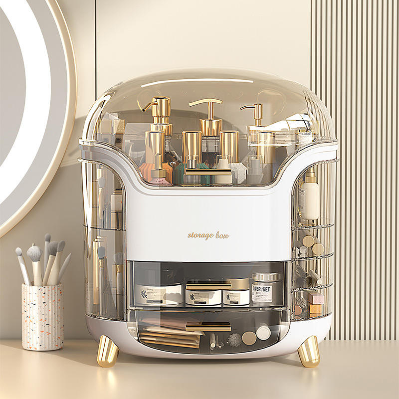 Rotating Makeup Organizer with 4 Drawers | Acrylic Cosmetic & Skincare Storage Case