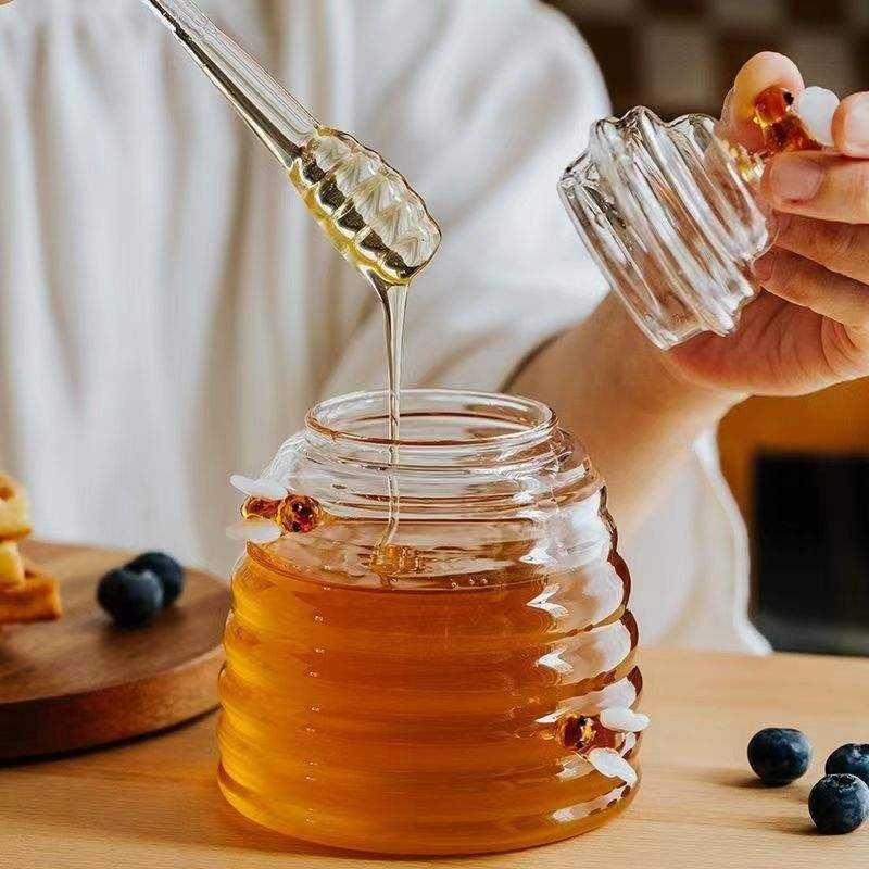 Honeycomb Glass Honey Jar with Spoon | Transparent Honey Storage Container