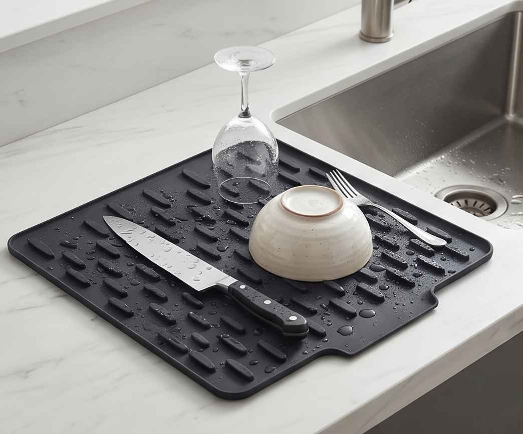 Silicone Dish Drying Mat with Drain Spout – Anti-Slip Sink Drainer Tray