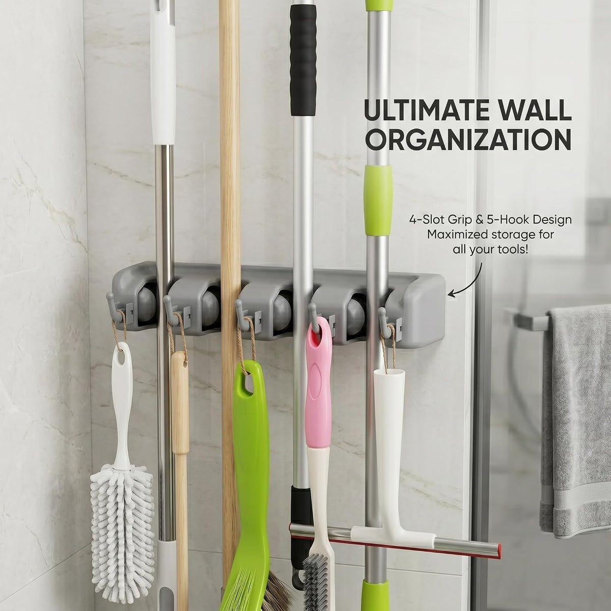 Aluminium Wall-Mounted Mop Holder – Bathroom Cleaning Tool Organiser