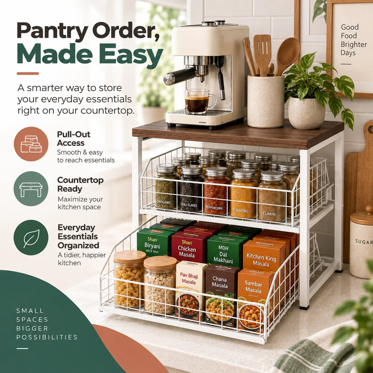 Dual Pull-Out Countertop Organiser | 2-Level Kitchen Storage Rack