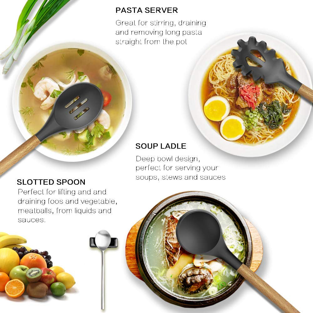 12 Pcs Silicone Kitchen Set Wooden Handle