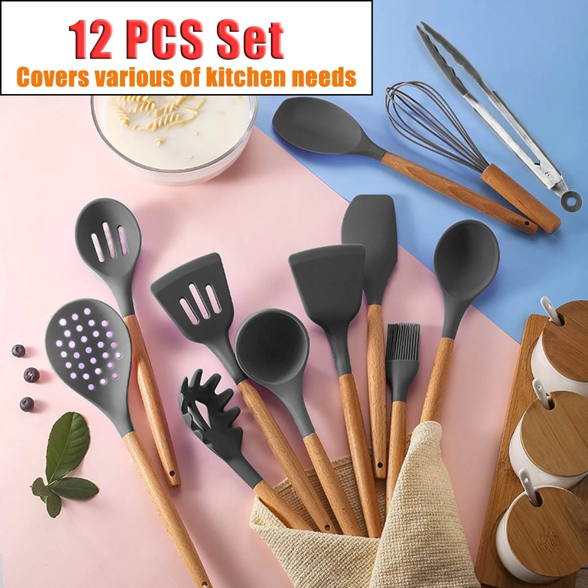 12 Pcs Silicone Kitchen Set Wooden Handle