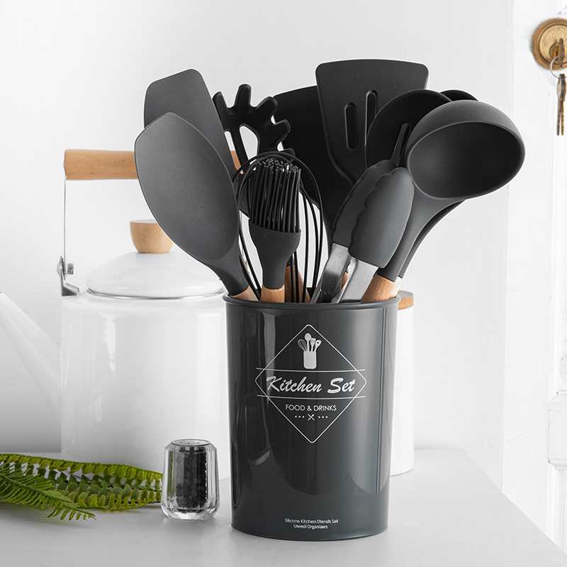 12 Pcs Silicone Kitchen Set Wooden Handle