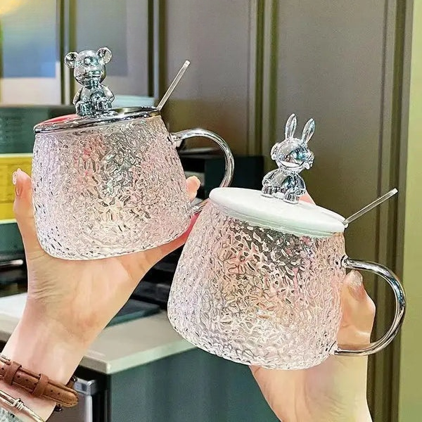 Bear Glass Cup With Lid & Spoon