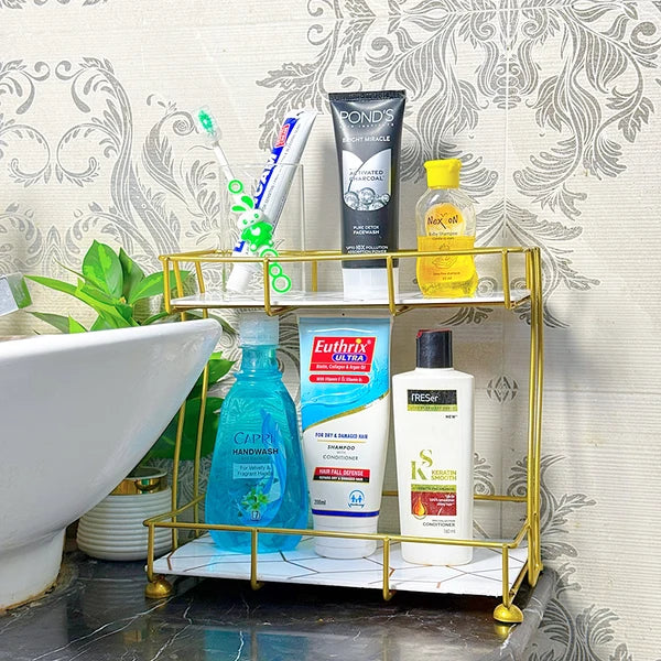 2-Tier Rectangular Golden Vanity Stand | Makeup & Beauty Organiser