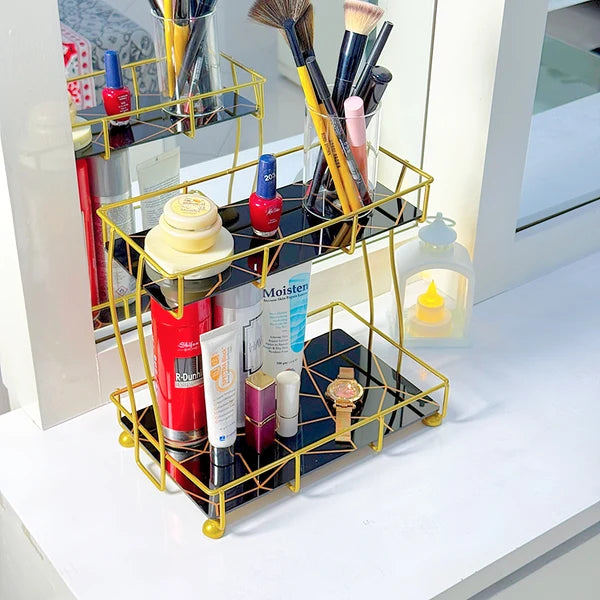 2-Tier Rectangular Golden Vanity Stand | Makeup & Beauty Organiser